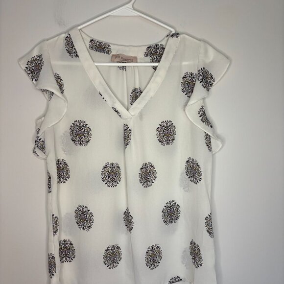 PHILOSOPHY Womens Sheer Top S V-Neck Ruffle Sleeve White Patterned - Picture 1 of 4